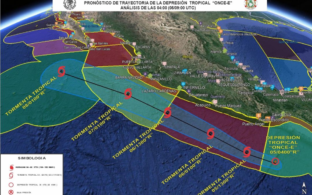 Trayectoria y Aviso de la Depresión Tropical “ONCE-E” del Océano Pacífico