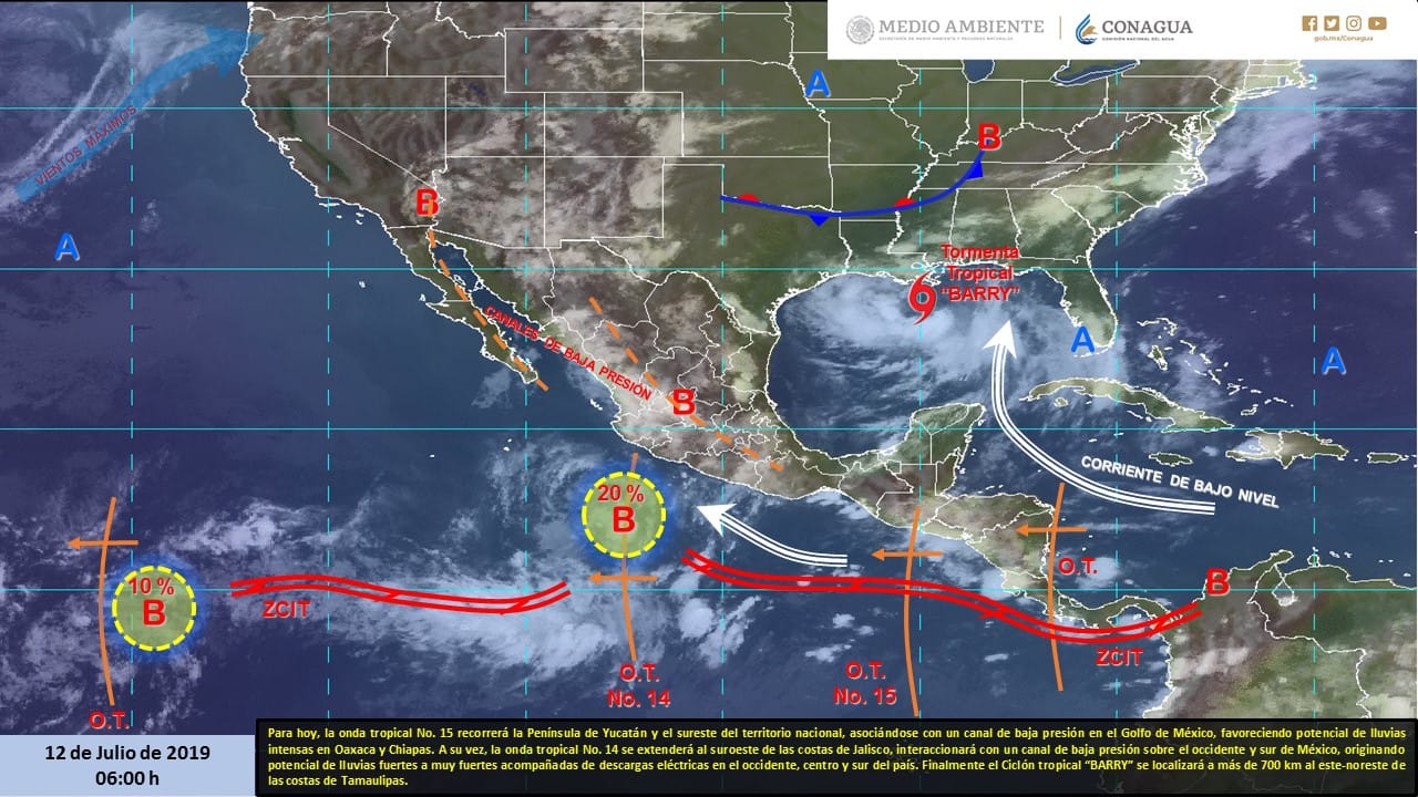Para hoy, la onda tropical No. 15 recorrerá la Península de Yucatán y el sureste del territorio
