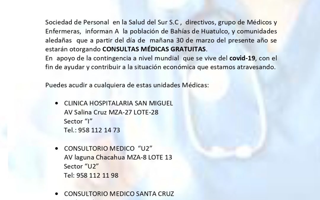 Consultas médicas gratuitas ofrece clínica particular en Huatulco