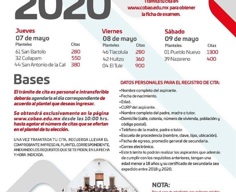 Cambia Cobao fechas en su convocatoria de nuevo ingreso 2020