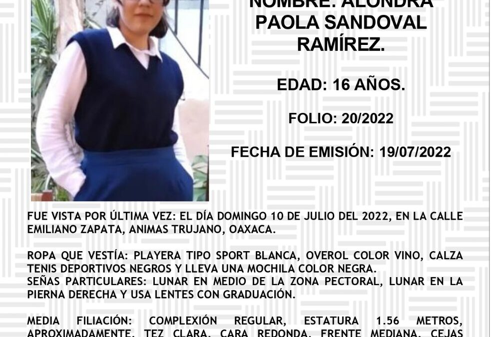 ALERTA ROSA de la adolescente ALONDRA PAOLA SANDOVAL RAMÍREZ.