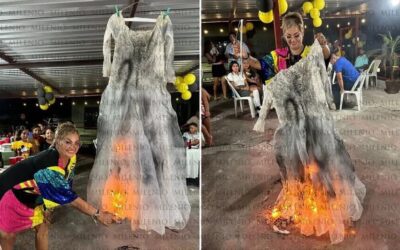 Mujer se divorcia, hace fiesta y hasta quema su vestido de novia en Tuxtepec, Oaxaca
