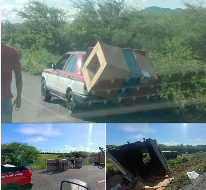 Robos tras volcadura de tractocamión en carretera La Venta-La Ventosa