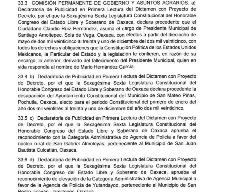 Congreso de Oaxaca declara procedente la desaparición del Ayuntamiento de San Mateo Piñas