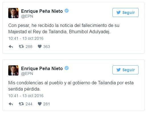 El presidente de México, Enrique Peña Nieto, expresó sus condolencias al pueblo y gobierno de Tailandia por la muerte del rey de Tailandia,