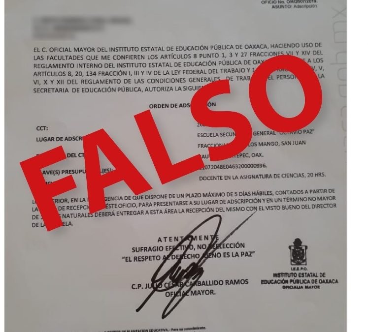 Alerta IEEPO sobre órdenes de adscripción falsas