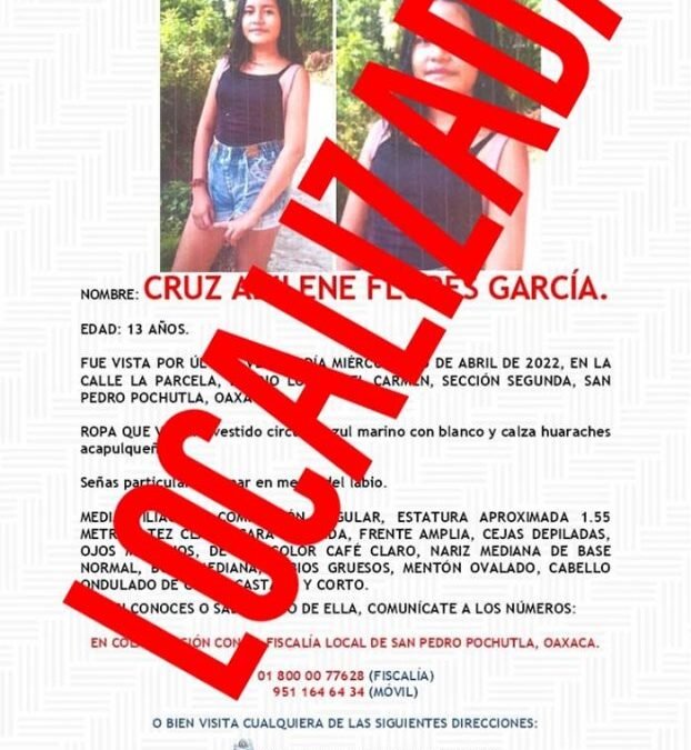 Fiscalía localiza a adolescente reportada como desaparecida en Pinotepa Nacional