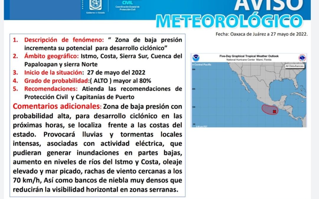 Advierte CEPCO el incremento de potencial para desarrollo ciclónico frente a costas de Oaxaca