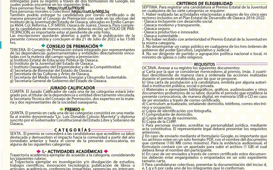 Injeo convoca a participar en el Premio Estatal de la Juventud 2022