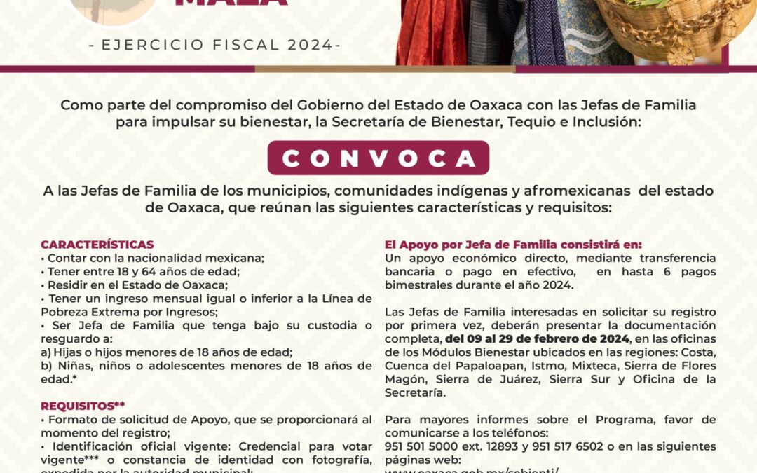 Lanza Gobierno de Oaxaca convocatoria para programa Atención a Jefas de Familia, Tarjeta Margarita Maza 2024