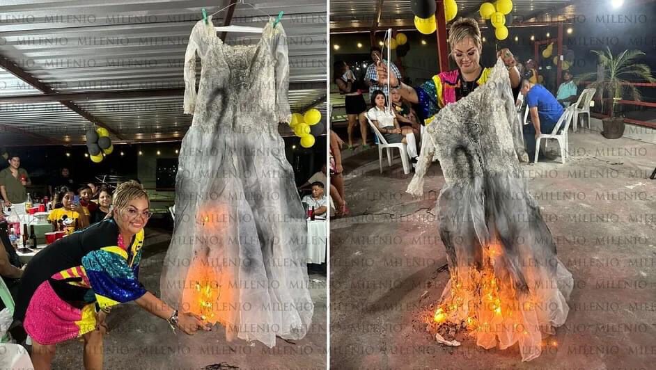 Mujer se divorcia, hace fiesta y hasta quema su vestido de novia en Tuxtepec, Oaxaca