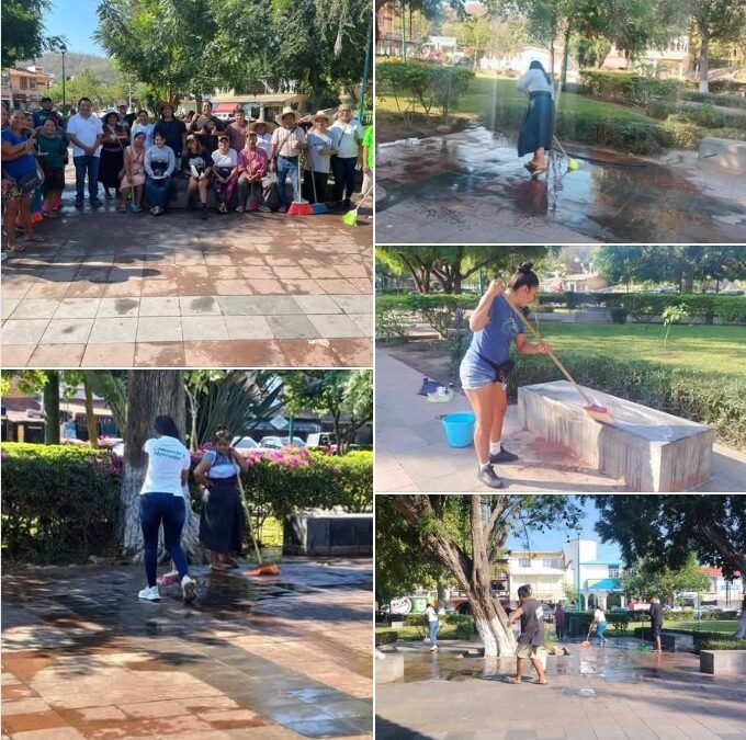 Trabajos de limpieza en el Parque Central, La Crucecita. Huatulco